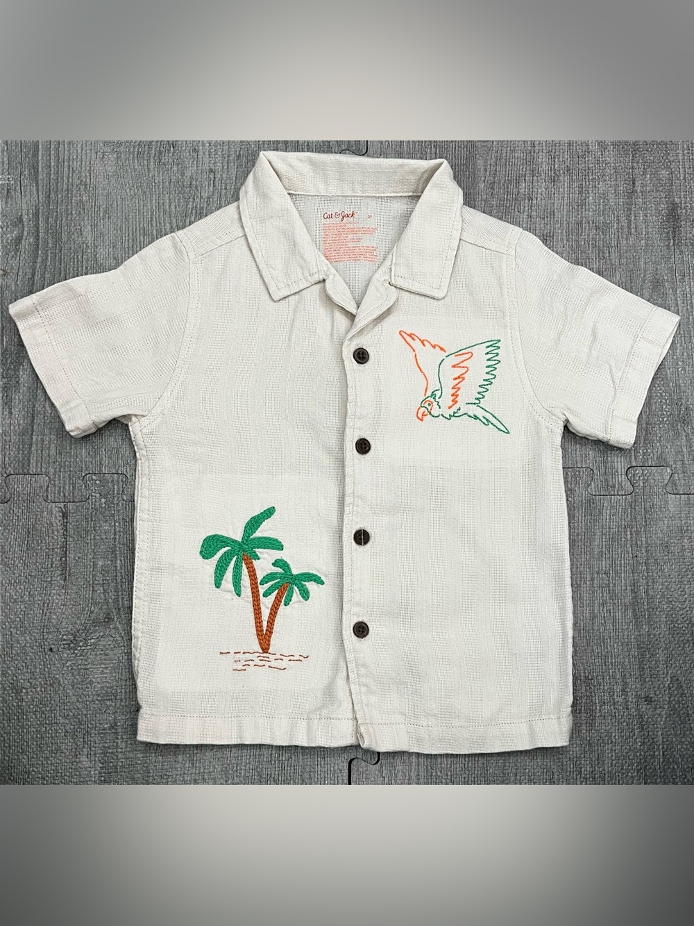 Cat & Jack Boys 3T White Short Sleeve Button-Up Collared Tropical Embroidered